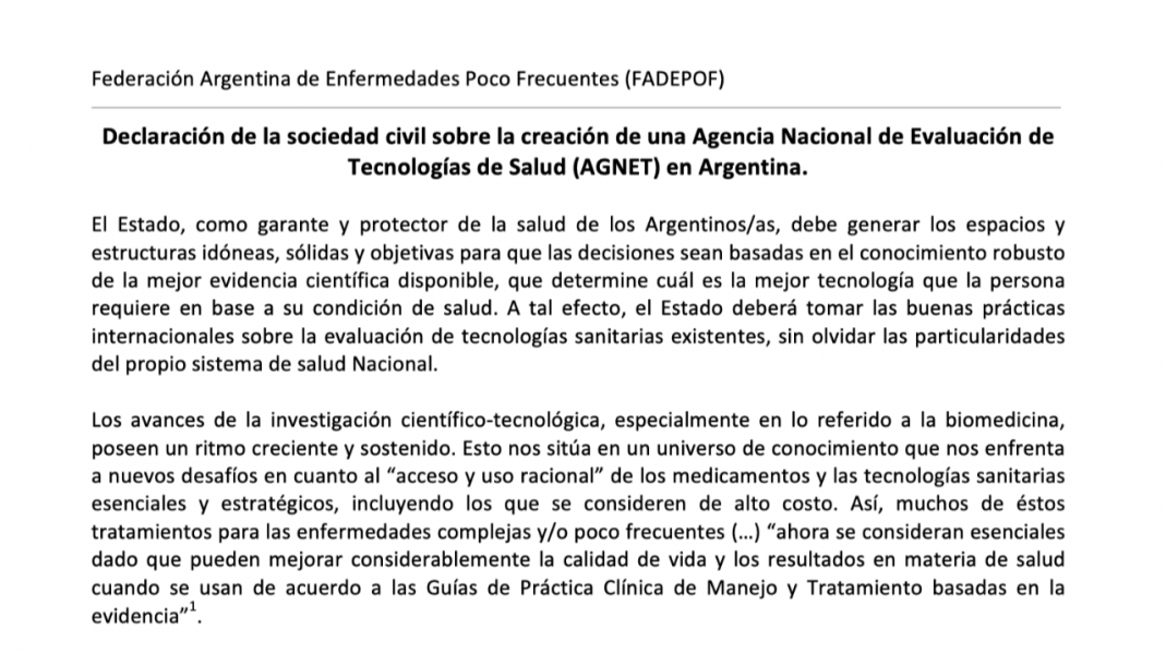 Declaración de la sociedad civil sobre la creación de una Agencia Nacional de Evaluación de Tecnologías de Salud (AGNET) en Argentina.